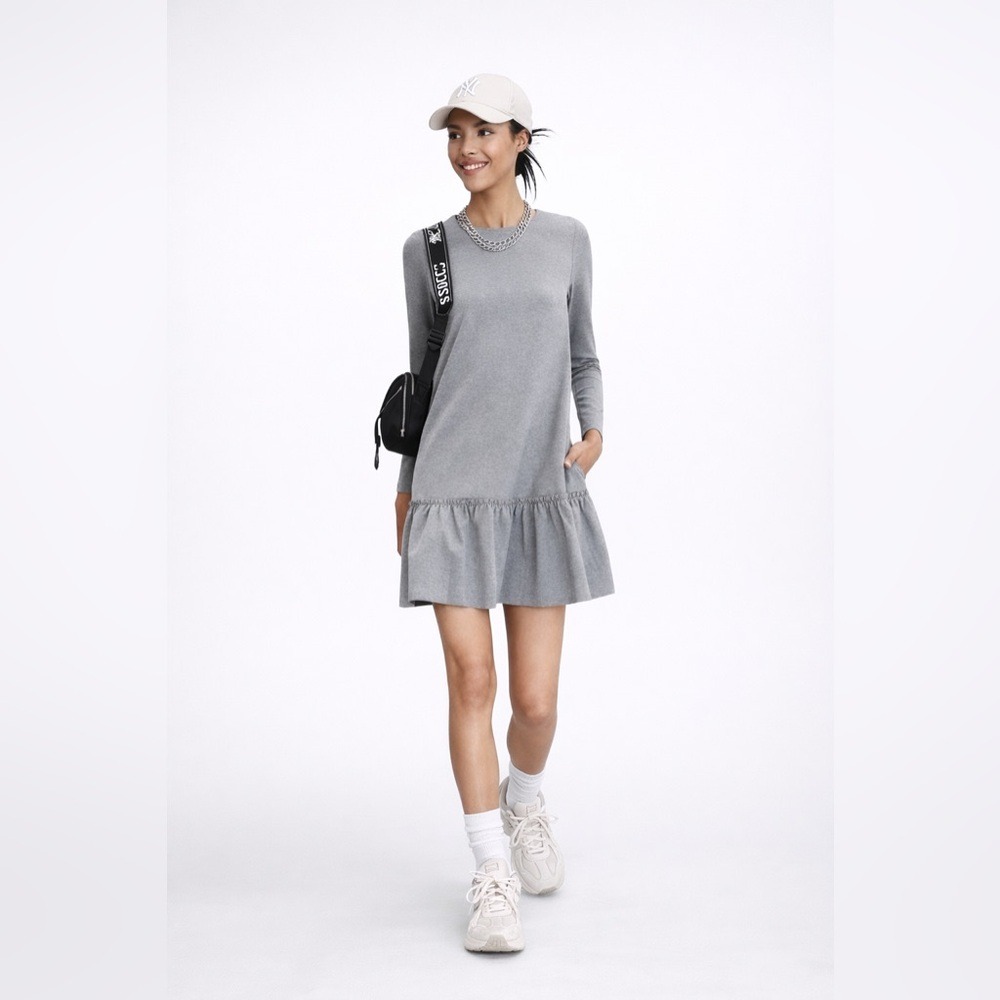 Banana Republic Drop-Waist Ruffles with Pockets Ponte Mini Dress in‎ gray